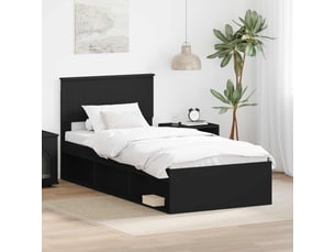 Lit adulte, lit simple, cadre de lit avec tête de lit noir 90x200cm pin massif cf3382