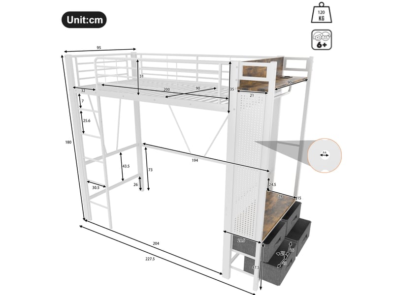  Lit mezzanine 90x200 cm 4 tiroirs barre panneau perforé led multicolore prise usb et usb-c métal mdf blanc sans matelas  - Conforama C