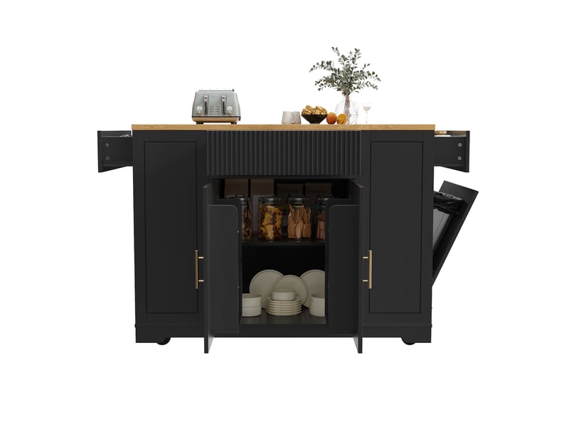  Îlot de cuisine sur roulettes 120x50x92 cm avec compartiment poubelle, 2 portes et 3 tiroirs, chariot de service noir  - Conforama A