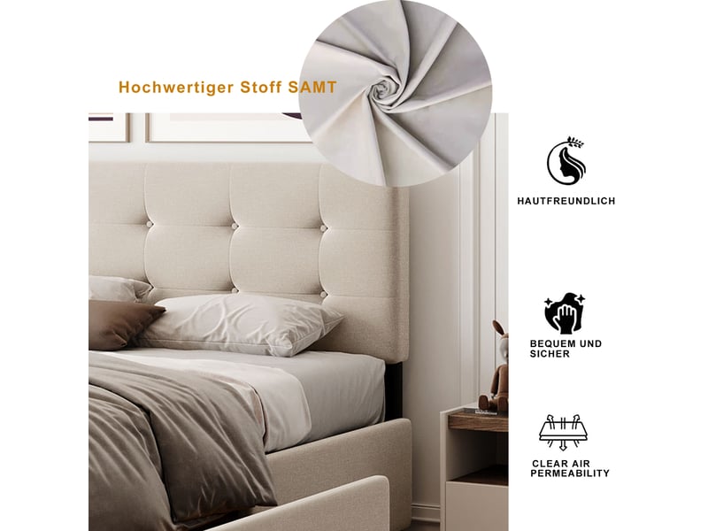  Lit capitonné 140 x 200 cm beige avec 4 tiroirs, sommier à lattes, tête rembourrée, sans matelas  - Conforama D
