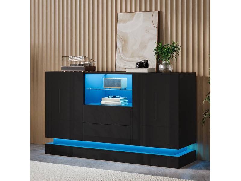 Buffet et enfilade avec 2 portes, 2 tiroirs, niche vitrée, éclairage led pour salon, en panneaux de particules noir - Conforama B