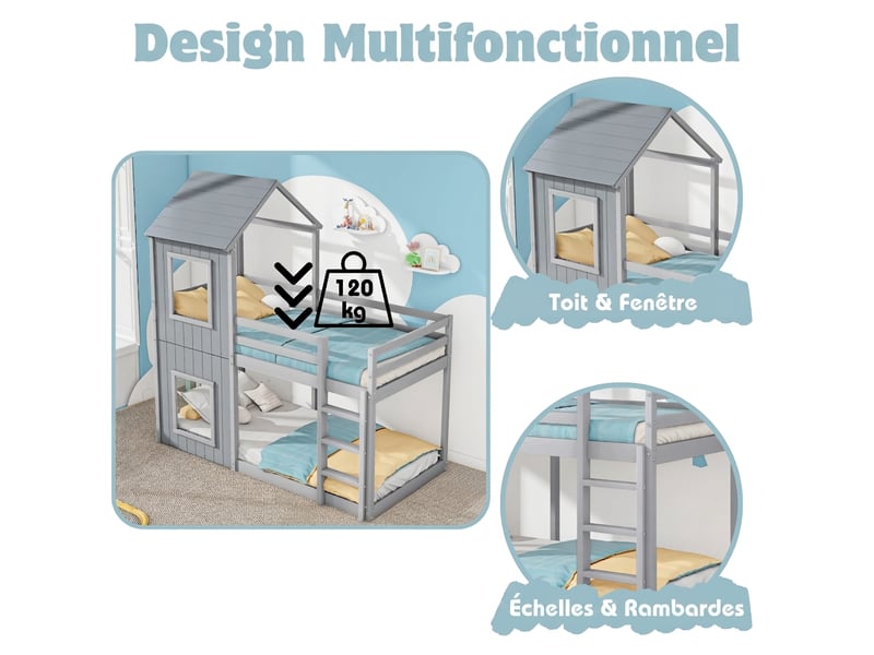  Lit superposé enfant 90x200 cabane bois massif gris avec échelle  - Conforama D