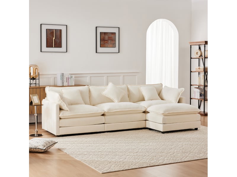  Canapé d'angle modenvie 3 places en chenille beige avec pouf mobile 283 x 147 x 84 cm  - Conforama D