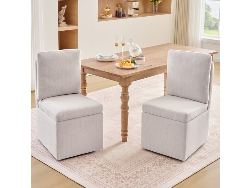  Chaise de salle à manger rembourrée avec rangement et roulettes beige  - Conforama C