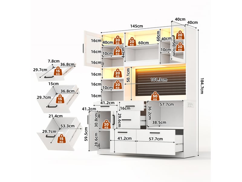  Buffet de cuisine avec plan de travail, 5 tiroirs, étagères réglables, prises et éclairage led, blanc, en mdf  - Conforama E