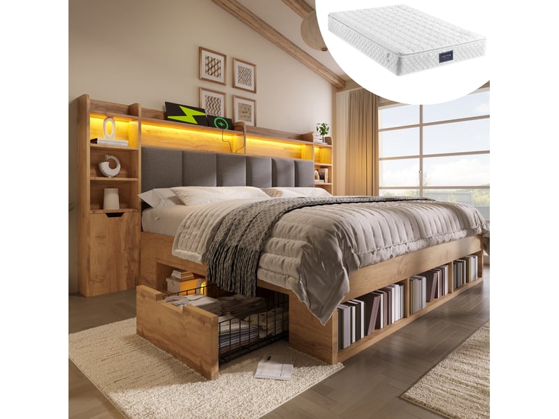Lit double 160 x 200 cm couleur chêne avec tête de lit rembourrée, led, rangements et chevets mobiles - Conforama D