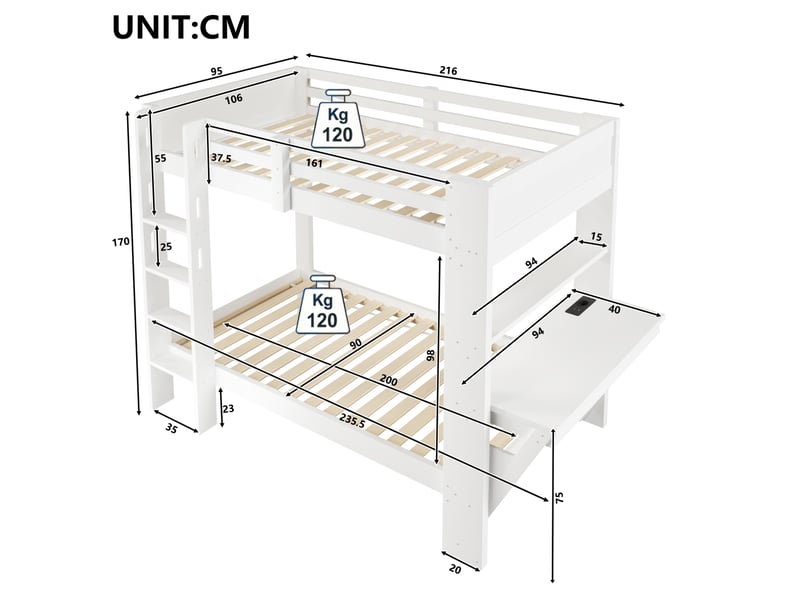  Lit superposé 90x200 cm avec bureau, prises et éclairage led, blanc  - Conforama E
