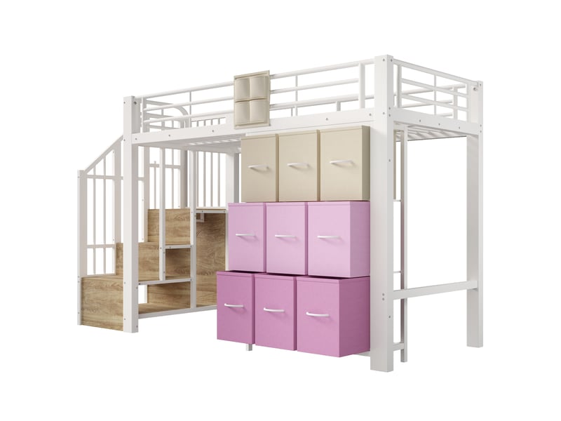  Lit mezzanine 90×200 cm sans matelas, structure métal, tiroirs, penderie, échelle de rangement, blanc  - Conforama A