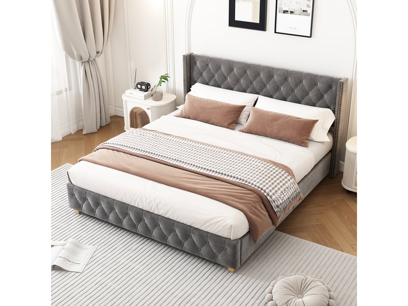  Lit double 160x200 cm avec tête de lit en velours, lit 2 personnes avec sommier à lattes, lit coffre adulte, gris, lit adulte  - Conforama D