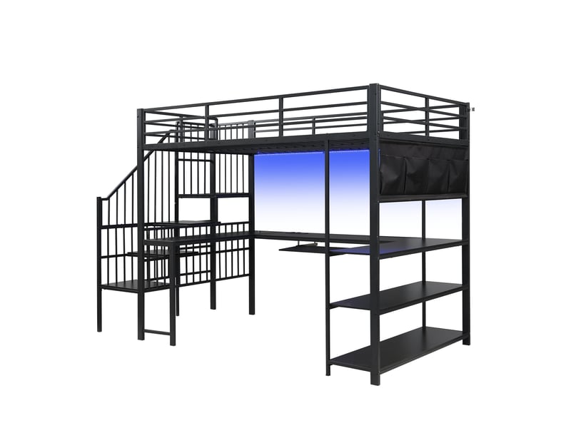  Lit mezzanine gaming adulte 120x200 cm noir métal et mdf, bureau en u, escalier, led, prise eu et rangements  - Conforama D