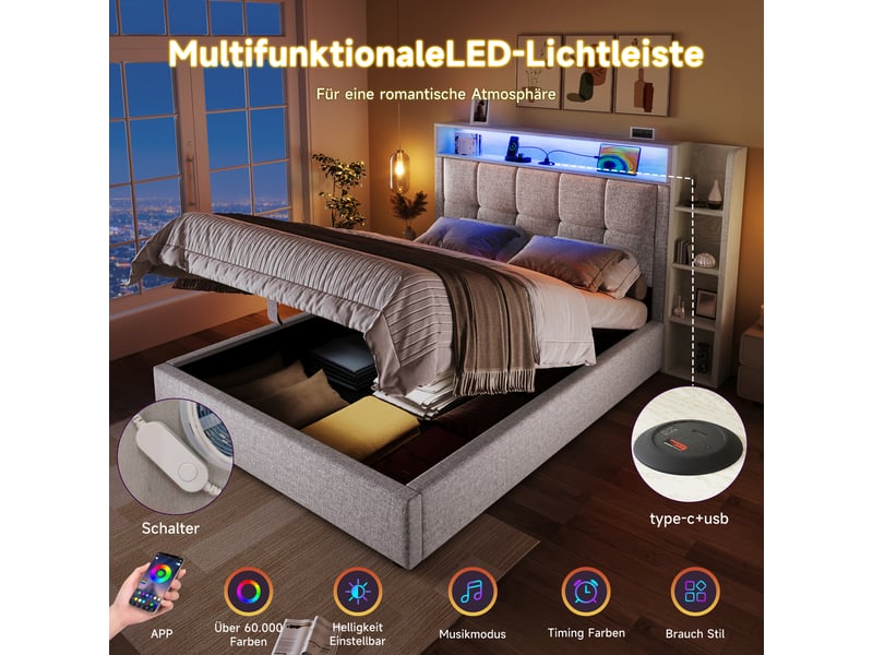  Lit rembourré beige 90x200 cm avec rangement, usb-c et led  - Conforama B