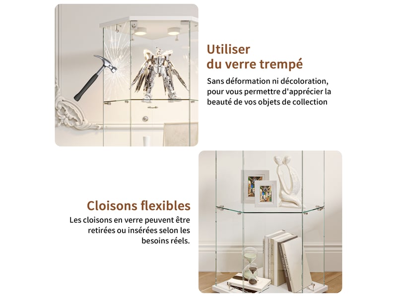  Vitrine d'angle pentagonale, porte simple, 4 étagères verre trempé, lampe tactile, serrure, blanc  - Conforama E