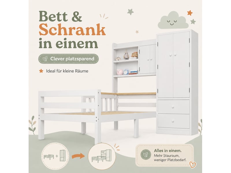  Lit combiné enfant 90x200 cm blanc avec armoire, tiroirs et étagères, gain de place au quotidien, sans matelas  - Conforama D