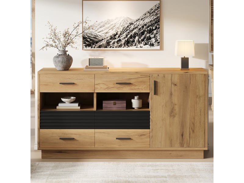 Buffet bas 140x35x70 cm avec 6 tiroirs et 1 porte, meuble de rangement salon avec niches ouvertes, design bois et noir - mdf chêne - Conforama D