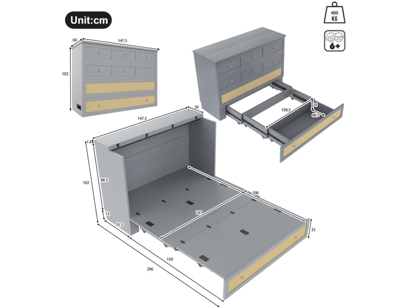  Lit armoire convertible mobile 140 x 200 cm gris avec rangement, usb et prise  - Conforama E