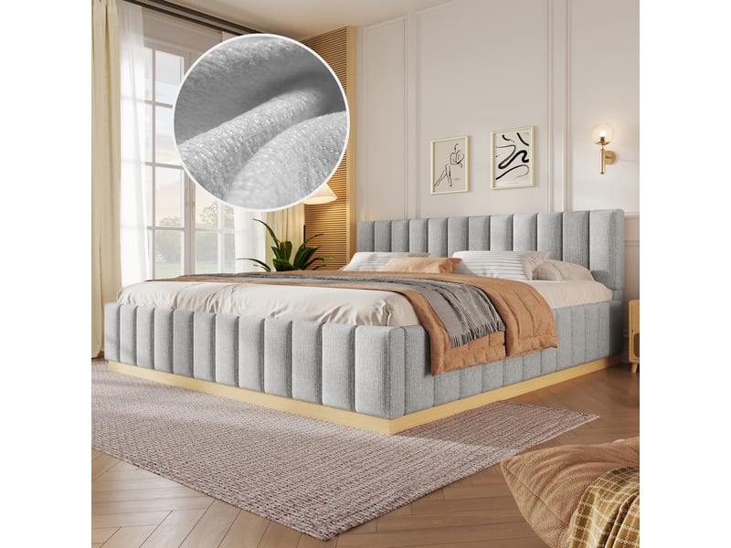 Lit double rembourré 180x200 cm avec tête de lit rembourrée, sommier à lattes inclus, couchage 2 places pour chambre, sans matelas, chenille gris Seren Glow - Conforama B