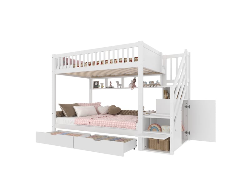  Lit superposé enfant 90x200 cm avec rangement et tiroirs, coloris blanc  - Conforama A
