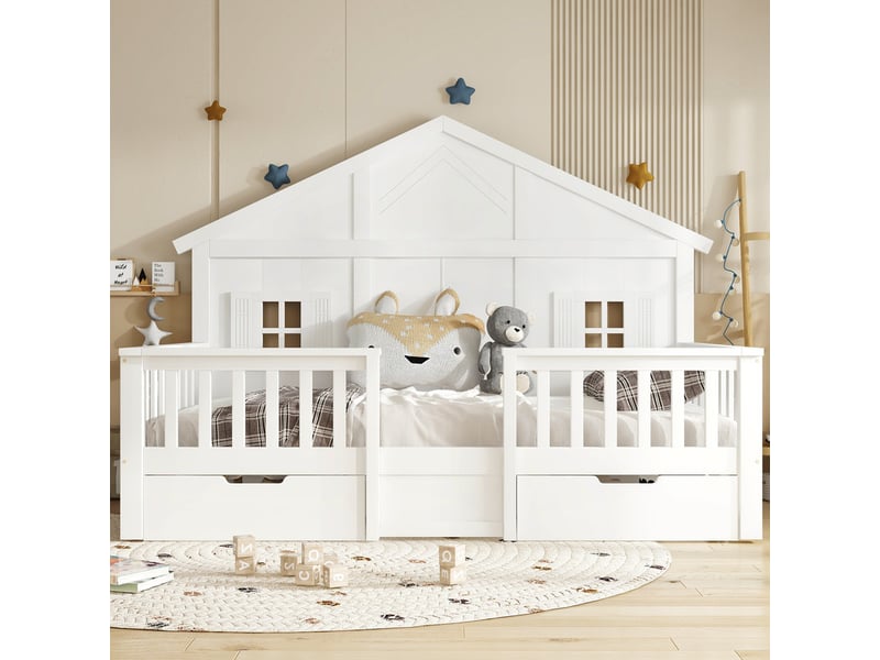 Lit cabane enfant 90x200 cm - avec 2 tiroirs - avec des balustrades et des fenêtres - bois massif + mdf - blanc (sans matelas)  - Conforama B