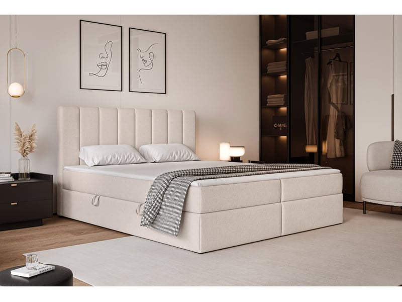  Lit coffre leo - 180x200 cm - avec matelas et surmatelas - tissu tissé chiné - crème LEO - Conforama B