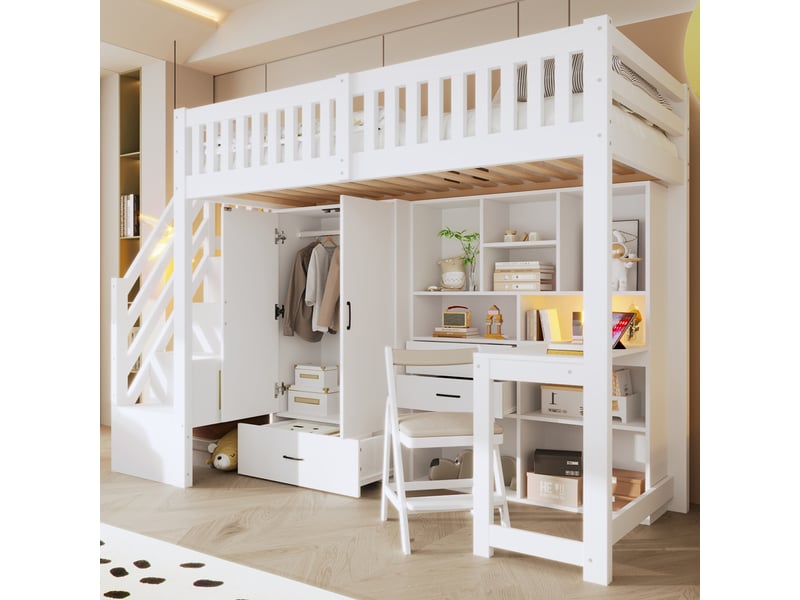  Lit mezzanine 90x200 cm avec échelle de rangement et armoire, lit 1 personne en blanc, lit enfant avec bureau et tiroirs  - Conforama E