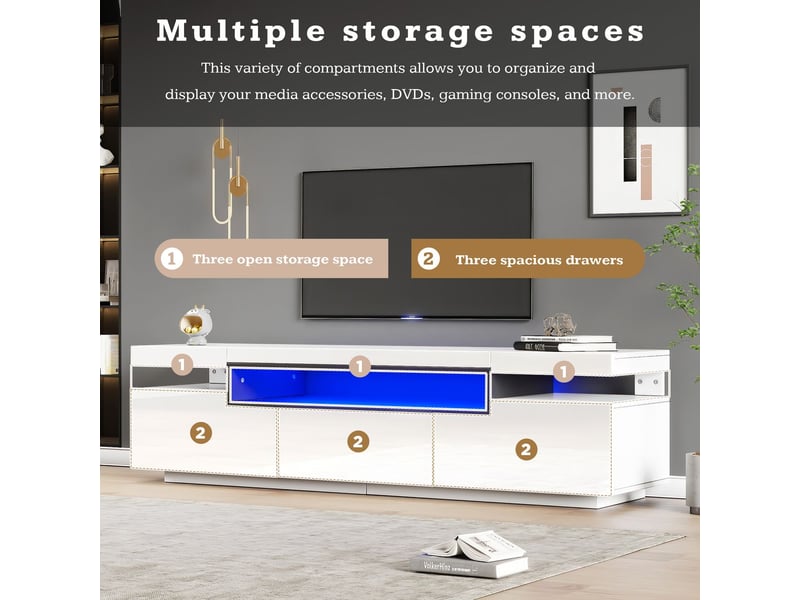  Meuble tv 160x40x40, blanc brillant avec éclairage led 16 couleurs, espace tv 70 3 tiroirs meuble tv rangement  - Conforama D