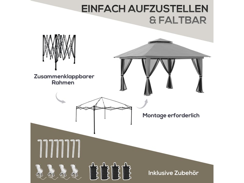  Pavillon pliant de jardin - 4x4 m - gris foncé - protection uv50+ - parois en filet - toit double 392x392x283cm - Conforama E