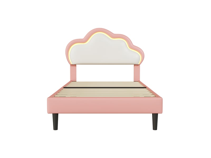  Lit enfant lit simple 90x200 cm avec led et tête de lit nuage réglable, lit capitonné princesse, sommier inclus, rose  - Conforama A
