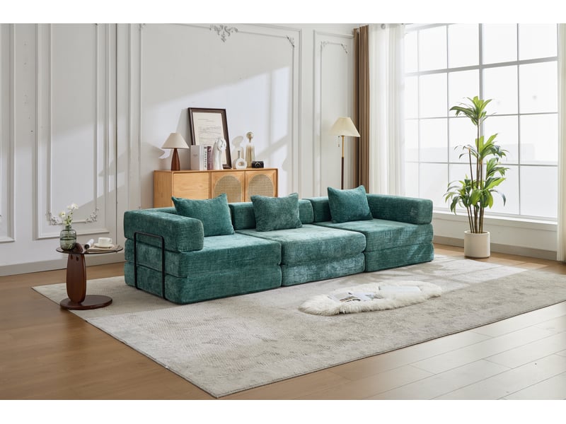 Canapé-lit compressé convertible 3 places, cadre fixe, modulable sans armature, chenille, sans montage, vert foncé - Conforama B