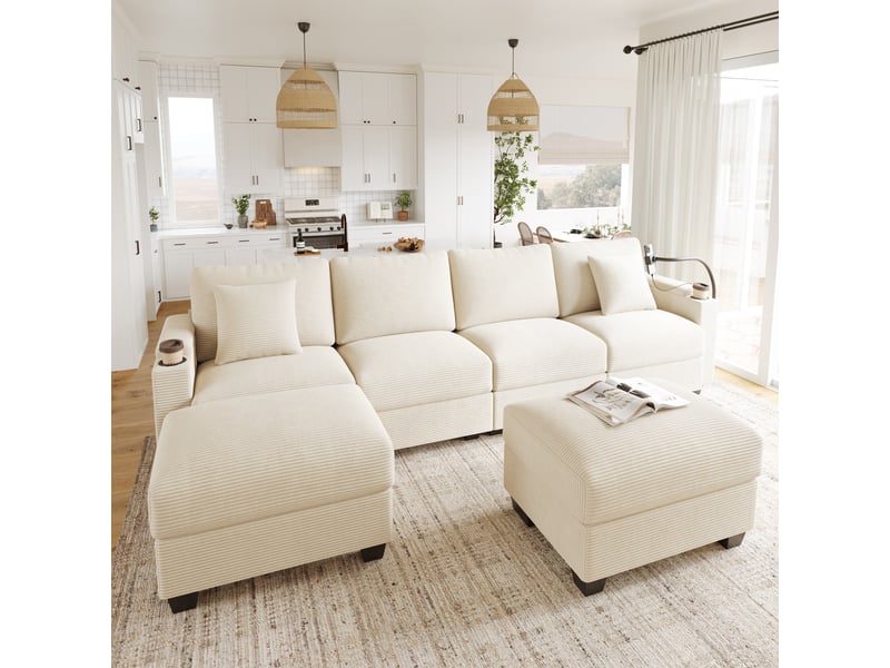 Canapé d'angle, canapé convertible, en velours tricoté, beige, usb, pour salon, appartement, chambre - Conforama C
