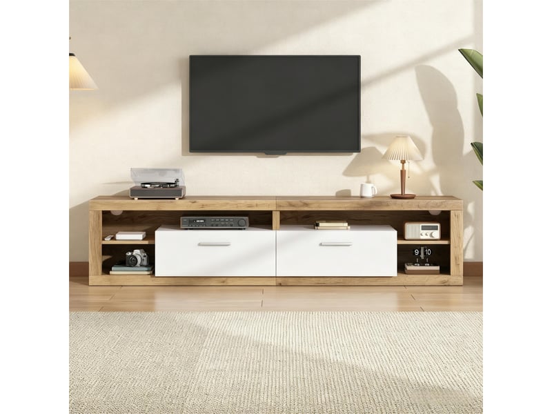  Meuble tv - 180x35,5x50cm - pour tv jusqu'à 75 - éclairage led rgb app, 2 portes abattantes &amp; niches - bois &amp; blanc  - Conforama B