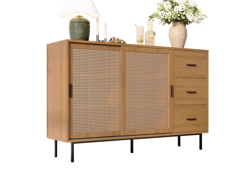 Buffet avec 2 portes coulissantes et 3 tiroirs style maison de campagne 140 cm naturel  - Conforama A