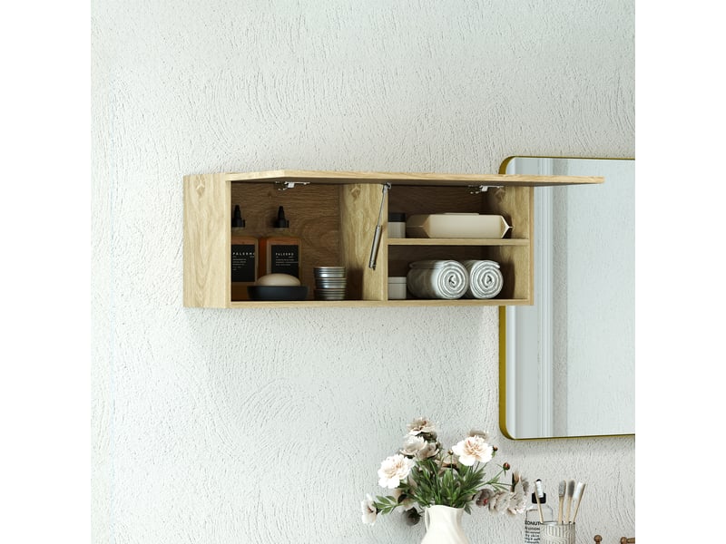  Meuble mural salle de bain 80 x 25 x 30 cm, porte relevable, finition bois naturel  - Conforama C