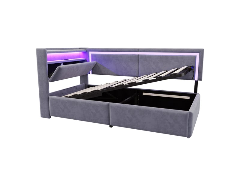  Canapé-lit rembourré 90x200 cm avec led et port usb, lit simple avec tête de lit en velours, gris foncé, lit enfant à vérin  - Conforama B