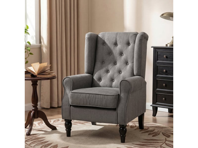  Fauteuil de salon à oreilles aosenyunzhou en velours gris foncé haut dossier capitonné pieds en bois T1003-01-19639 - Conforama E