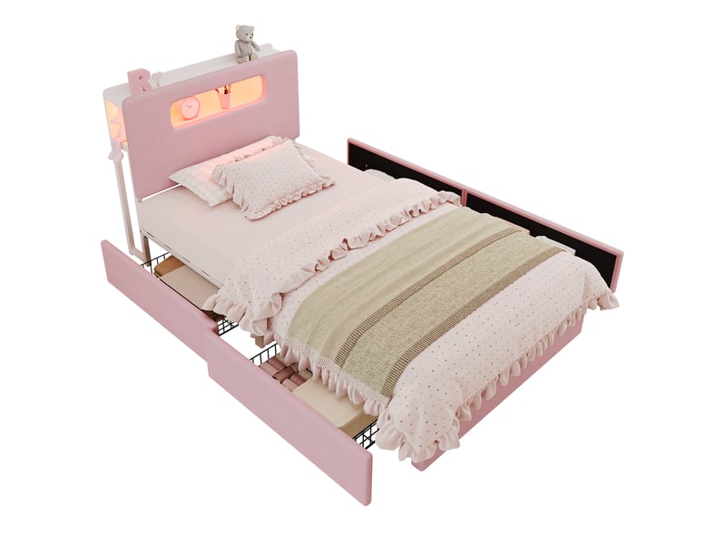 Lit enfant 90 × 200 cm 1 place avec 4 tiroirs, rangement ouvert et éclairage led, sans matelas, velours rose - Conforama A