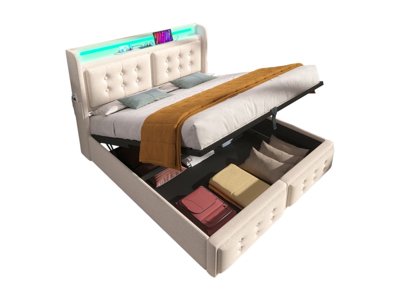  Lit coffre rembourré 160x200 cm avec ouverture hydraulique, led, 2 prises, usb et usb-c, tête de lit avec étagère, sommier à lattes, coton-lin beige Radiant Stride - Conforama A