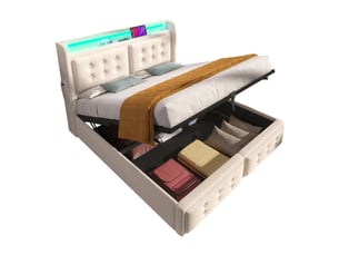 Lit coffre rembourré 160x200 cm avec ouverture hydraulique, led, 2 prises, usb et usb-c, tête de lit avec étagère, sommier à lattes, coton-lin beige