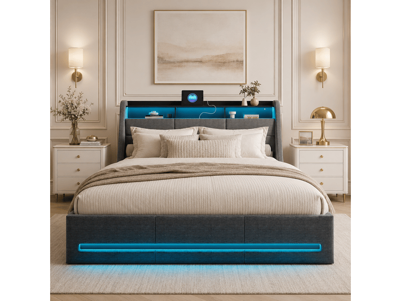  Lit coffre 160x200 cm, lit double avec espace de rangement et sommier à lattes, tête de lit led avec compartiment de rangement et usb, sans matelas  - Conforama E