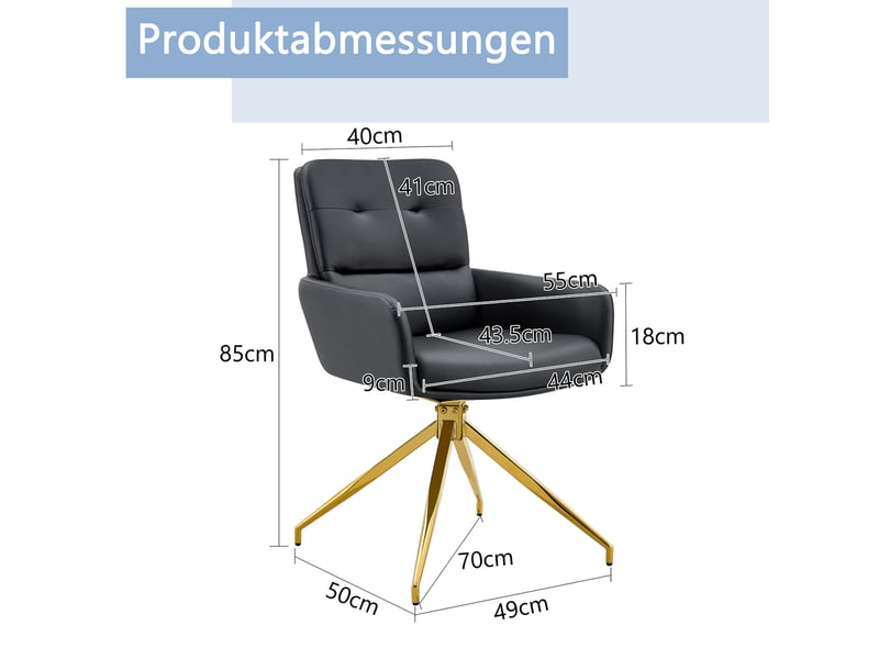  Lot de 2 chaises de salle à manger pivotantes 360°  - dossier capitonné, pieds en métal doré, pu noir  - Conforama D