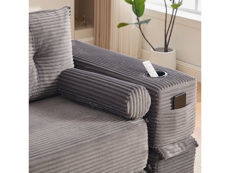 Canapé droit convertible 3 places en velours côtelé gris foncé 232x98x80 cm, poches, porte-gobelets, salon 232x98x80cm - Conforama E