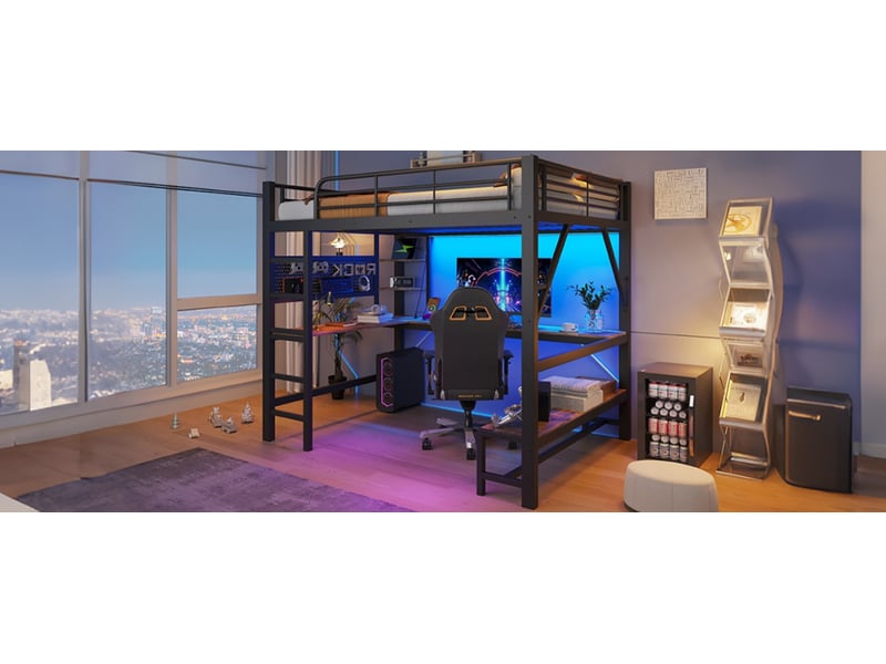 Lit mezzanine 160 × 200 cm, bureau, étagères, led, usb-c, panneau perforé et échelle sécurisée, métal robuste, noir - Conforama B