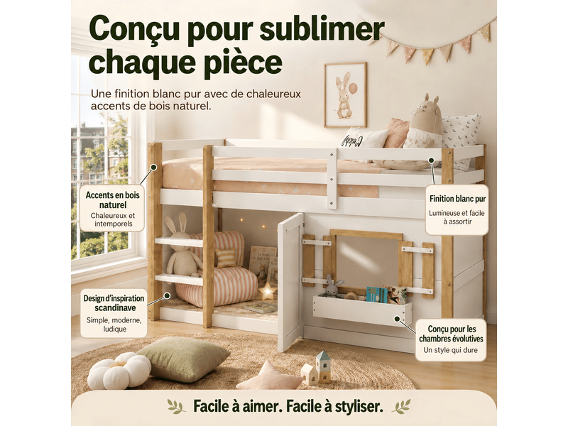  Lit mezzanine enfant 90 x 200 cm avec échelle et garde-corps, espace de jeu sous le couchage, structure en bois, bois, blanc Morn Vibe - Conforama E
