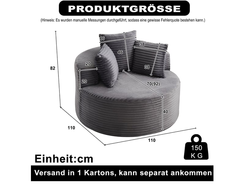  Fauteuil lounge rond 1 place ø110 cm en velours côtelé gris avec 3 coussins  - Conforama C