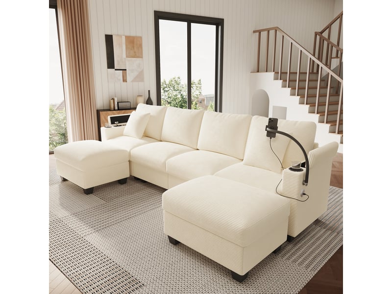 Canapé d'angle, canapé convertible, en velours tricoté, beige, usb, pour salon, appartement, chambre - Conforama A