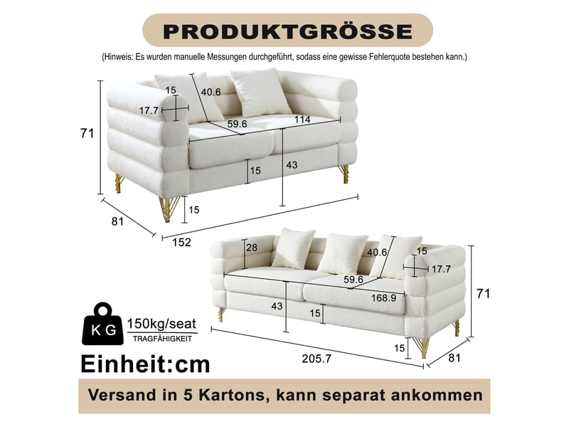 Canapé nuage blanc en tissu bouclette, 205,7 x 81 x 71 cm, pieds en métal doré, coussins décoratifs, dossier ondulé - Conforama C