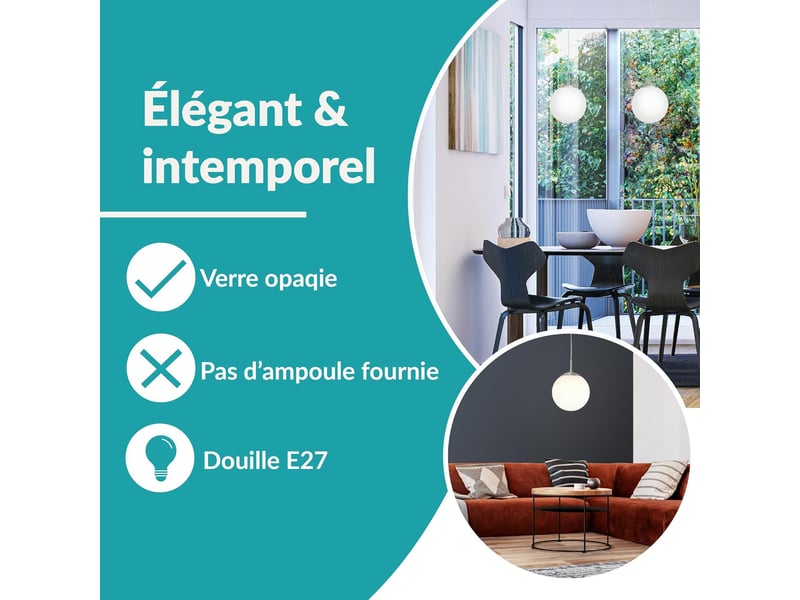  Suspension luminaire lustre suspendu en acier nickel-mat boule en verre ø 20 cm  - Conforama E