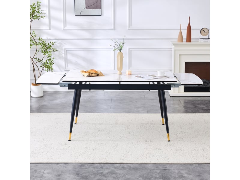 Table à manger, 140-200 cm, extensible, table vendue seule, en céramique et métal, coloris noir et doré, pour maison et appartement - Conforama E