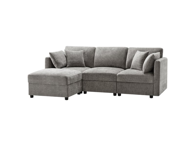 Canapé d’angle modulable 34 places en l 218x156,5x86 cm avec pouf amovible, 4 coussins, accoudoirs réglables, tissu chenille - gris - Conforama A