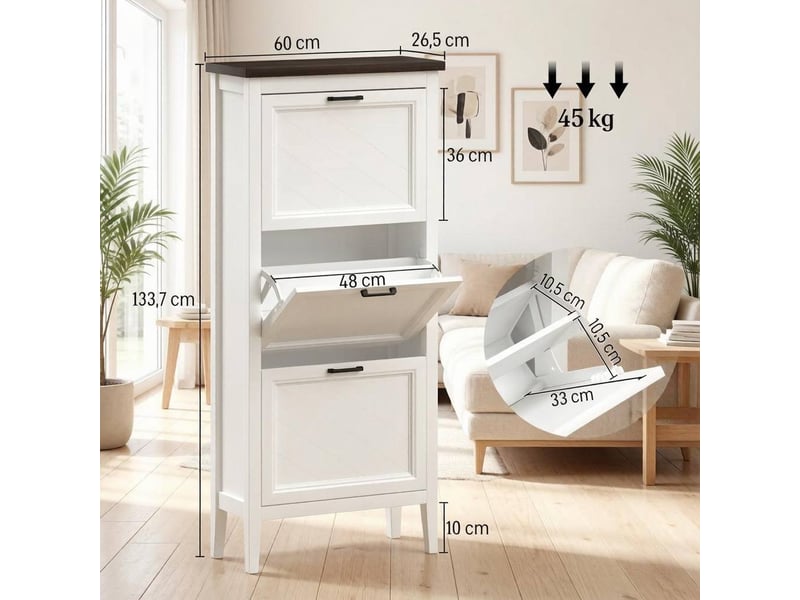  Meuble à chaussures étroit à 3 portes abattantes, 12 à 18 paires, blanc  - Conforama E