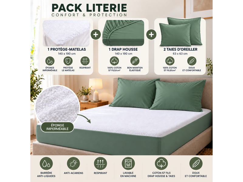  Pack literie protège matelas 140x190 imperméable + drap housse + 2 taies cèdre  - Conforama B